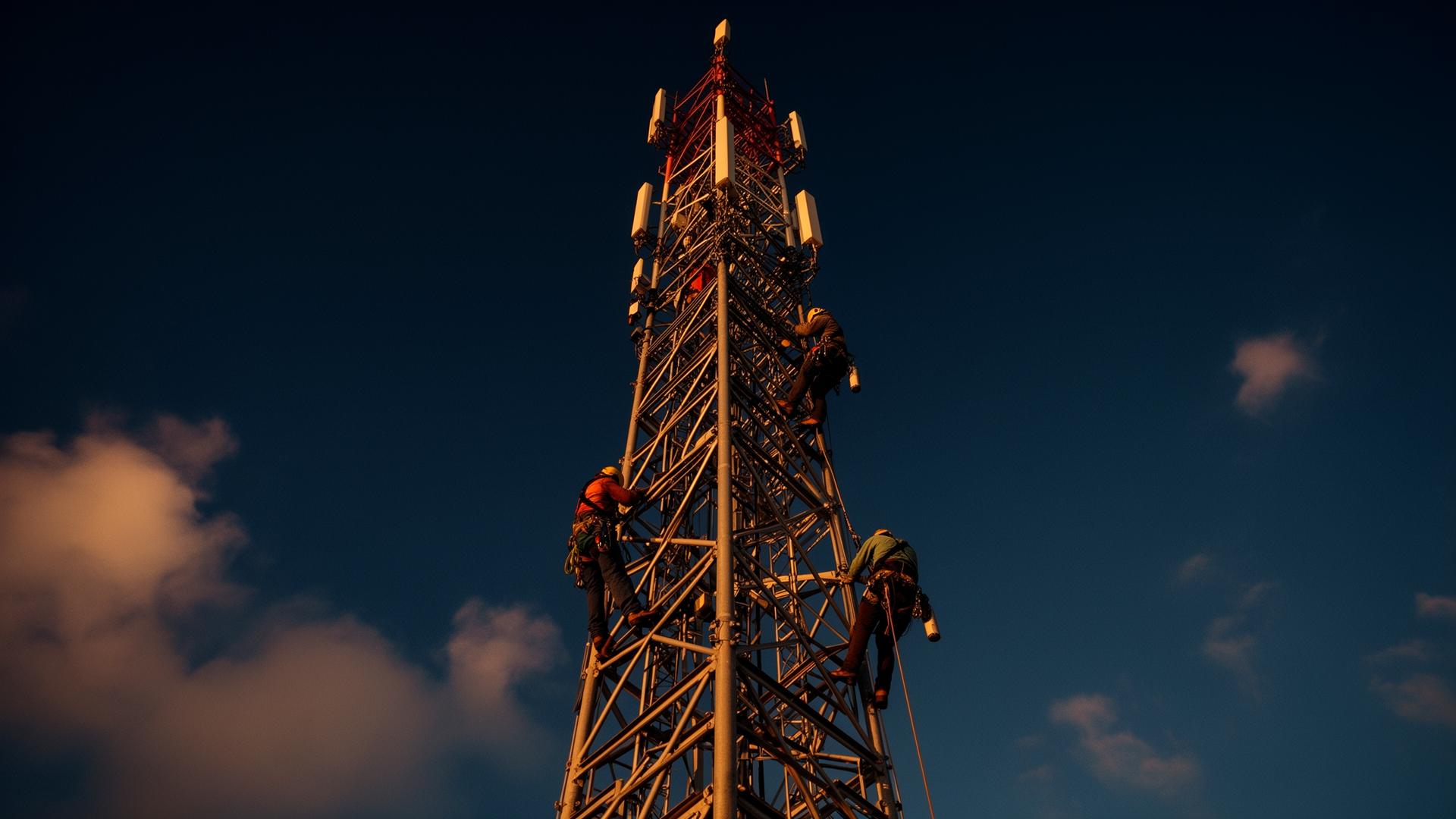 Técnicos escalando una torre de telecomunicaciones